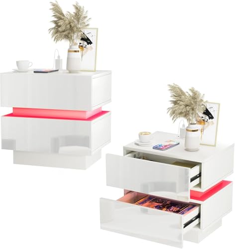 PIPIPOXER 2er Set Nachttisch Weiß mit Ladefunktion mit 2 Schubladen Nachttisch LED, Nachtschrank Weiß Hochglanz Nachtkommode 2 Schubladen Beistelltisch für Wohnzimmer, Schlafzimmer, 45x35x47cm