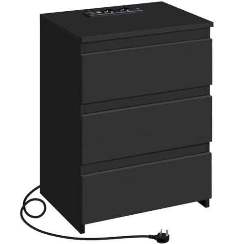 Yaheetech Nachtschrank mit 3 Schubladen, 2 AC Steckdosen 2 USB Anschlüsse Beistelltisch Nachtkommode fürs Schlafzimmer/Wohnzimmer, Schwarz Yaheetech Nachtschrank mit 3 Schubladen, 2 AC Steckdosen 2 USB Anschlüsse Beistelltisch Nachtkommode fürs Schlafzimmer/Wohnzimmer, Schwarz