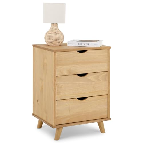 IDIMEX Nachttisch Jalisco mit 3 Schubladen, gebeizt/gewachst – Nachtkommode aus Kiefer Massivholz, skandinavisches Design mit konisch geformten Holzfüßen, Stauraum für Schlafzimmer & Kleinmöbel