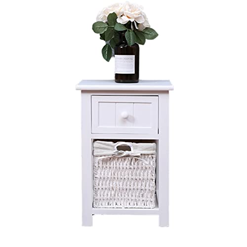 WIQUYBML Weißer Schlafzimmer-Nachttisch-O rganizer mit geflochtenem Weidenkorb und Schubladen-Aufbewahrung, Nachttisch, Shabby-Chic-Nachttisch für kleine Wohnzimmermöbel (weiß 28 * 30 * 45 c