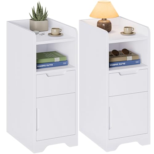 Brinlawb Nachttisch 2er Set, Nachttisch Schmal Nachtschrank 2er Set mit 1 offenen Fach, 1 Schublade und 1 Schrank mit Tür, Beistelltisch Schmal Sofatisch Nightstand für Schlafzimmer Wohnzimmer, Weiß