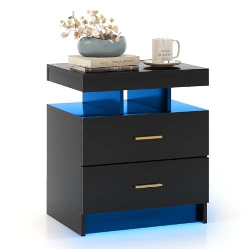 RELAX4LIFE Nachttisch mit LED-Beleuchtung, einstellbare Farben, Nachtschrank mit 2 Schubladen, Hochglanz Nachtkommode mit USB Ladefunktion, Beistelltisch für Schlafzimmer, 50 x 40 x 58 cm (Schwarz)