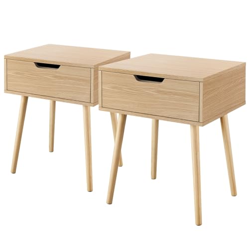 Yaheetech 2X Nachttisch Beistelltisch Nachtschrank mit Schublade und 4 Holzbeinen Skandinavischer Sofatisch aus Holz Nachtkommode für Schlafzimmer/Wohnzimmer (Eiche)