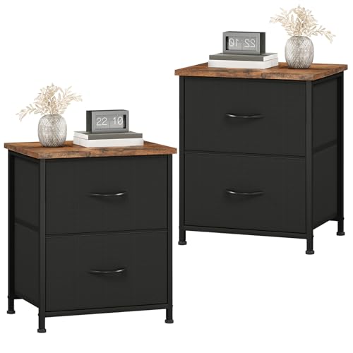 Somdot Nachttisch 2er Set, Beistelltisch mit 2 Schubladen aus Stoff, Nachtschrank mit Metallrahmen, Nachtkästchen, Kleiner Schrank für Schlafzimmer Kinderzimmer Wohnzimmer, Rustikales Braun