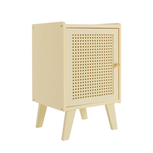 DJOAIUYF Nachttisch Rattan,31 * 30 * 51cm Vintage Holz Beistelltisch mit Massivholzbeinen, nachttisch, Moderner Boho Rustikal Almo Nachttisch mit 1 Fächern (Cremefarbenes Beige)