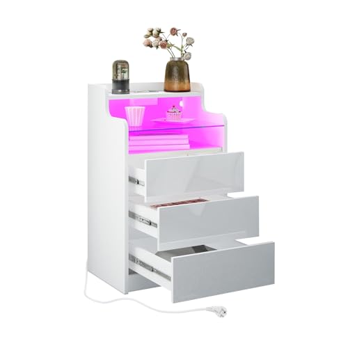 Nachttisch mit Steckdose & 3 Schubladen – Moderne RGB-LED Beleuchtung + Hochglanz-Oberfläche – Offenes Fach, 45x35x76 cm (Weiß)
