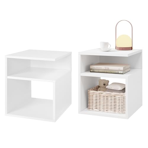 EUGAD 2er Set Nachttisch Weiß, Beistelltisch mit 2 offene Fächer, 35x41,5x35 cm, Nachtkommode Nachtschrank für Boxspringbett, Platzsparender Nachttisch für Wohnzimmer Schlafzimmer, 0002CTG-2