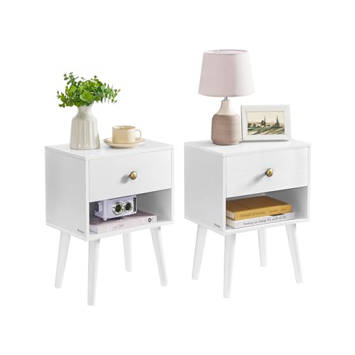 VASAGLE Nachttisch, 2er Set, Beistelltisch mit Schublade und offener Ablage, Holzbeine, Couchtisch für Wohnzimmer, Schlafzimmer, Sofa, schneeweiß LET855W01