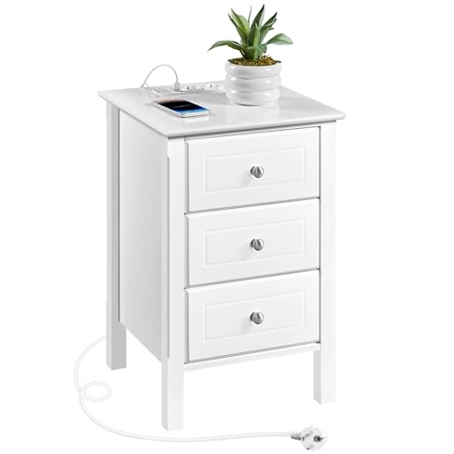 Yaheetech Nachttisch Beistelltisch mit Steckdose 2 Anschlüsse und 3 Schubladen Boxspringbett Nachtschrank Sofatisch Ablagetisch für Wohnzimmer/Schlafzimmer, Weiß