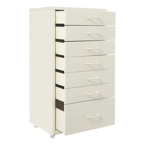 Nachttisch mit 7 Schubladen & 4 Rollen - Schminktisch Kommode 35x26cm beige, für Schmuck & Kosmetik, mobil & platzsparend, leicht zu reinigen