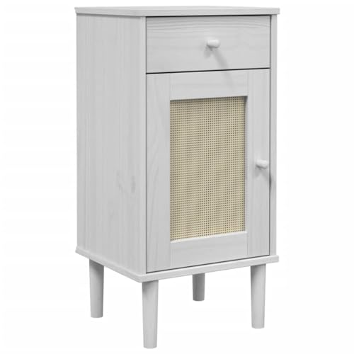 vidaXL Nachttisch, Nachtschrank Rattan-Look, Nachtkommode mit Stauraum für Schlafzimmer, Nachtkonsole Beistelltisch, Weiß Massivholz Kiefer