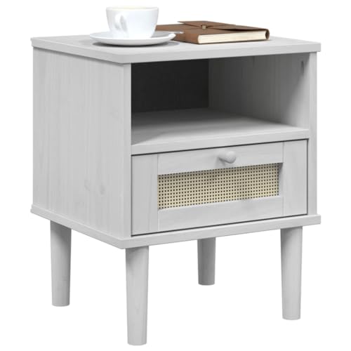 HEFZGDB Nachttisch SENJA Rattan-Look Weiß 40x35x48 cm Massivholz Kiefer Kleiner Tisch Nachtkästchen Nachtschrank Bartisch für Gästezimmer Hotel Schlafzimmer Wohnzimmer