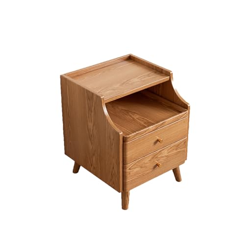 Schmaler Nachttisch Fürs Schlafzimmer, Mid-century Modern Nachttisch Aus Massivholz mit 2 Schubladen & Offenem Schieberegal, Beistelltisch für Kleine Wohnzimmer(40x40x50cm(16x 16x20inch), Natural)