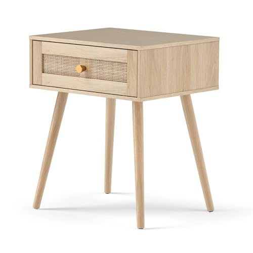 GIANTEX Nachttisch Rattan, Nachtschrank mit Schublade, Beistelltisch Sofatisch Holz mit 4 Massivholzbeinen, Nachtkommode Nachtkonsole im Boho-Stil für Wohnzimmer Schlafzimmer, 48 x 40 x 58 cm