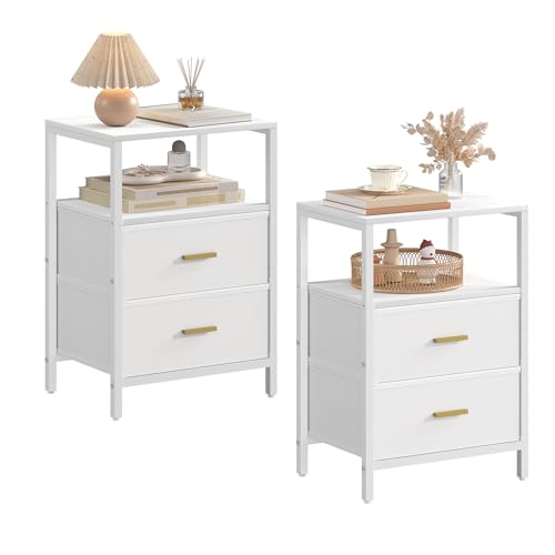 Hzuaneri Nachttisch 2er Set, Beistelltisch mit 2 Stoff-Schubladen und Regalen, Offenes Fach, Couchtisch, Nachtschrank Schlafzimmer, für Wohnzimmer, Schlafzimmer, Weiß NS30713W