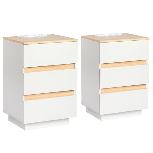 LEADZM Nachttisch 2er Set mit Ladefunktion und USB-Anschlüssen, Beistelltisch mit 3 Schubladen, für Schlafzimmer, Wohnzimmer, 38 x 32 x 56 cm (2, 3 Schubladen mit Ladesäule)