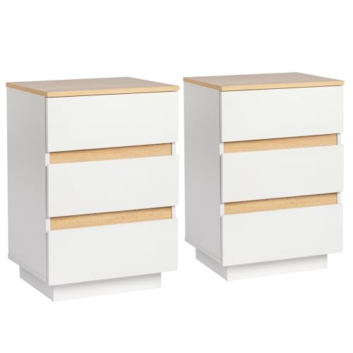 Bonnlo 2er Set Nachttisch Weiß, Beistelltisch mit 3 Schubladen, Nachtkommode Holz, Nachtschrank Boxspringbett aus MDF mit Stauraum für Schlafzimmer, 38 x 32 x 56 cm