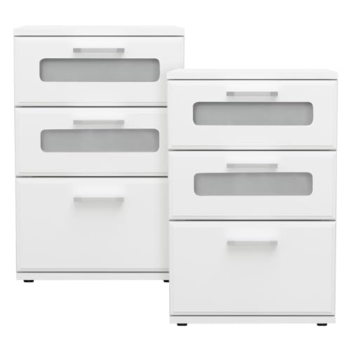 ML-Design Nachttisch 2er Set, Nachtkommode mit 3 Schubladen, oberste mit Glaseinsatz, Weiß, 40x60x38 cm, aus Holz, Boxspringbett Nachtschrank Nachtkonsole Kommode, für Bett, Schlafzimmer oder Büro
