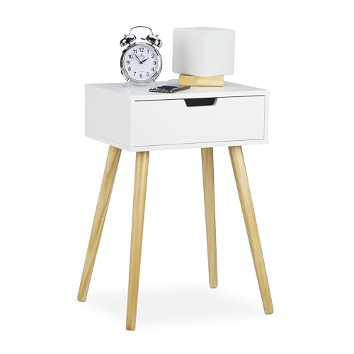 Relaxdays Nachttisch weiß, modernes & skandinavisches Design, 1 Schublade, für Boxspringbett, HBT 60x40x30cm, weiß/Natur