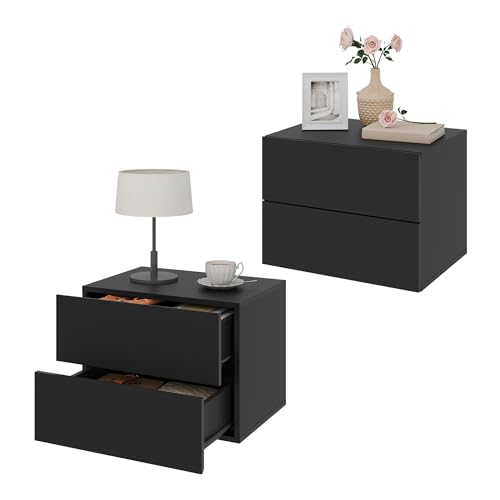 WOLTU 2er Set Nachttisch hängend, Wandregal mit Schublade,Nachtschrank Wandmontage, 40x30x30cm,Nachtkästchen zum Einhängen, schwebende Nachtkommode, modern, schwarz für Schlafzimmer Wohnzimmer