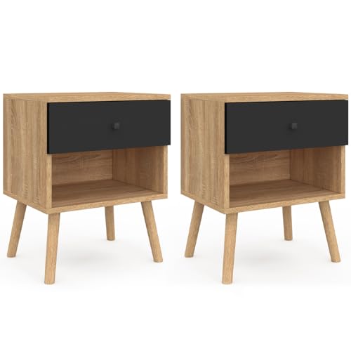 IDMarket - Set mit 2 skandinavischen Nachttischen Emmie 1 Schublade mit Nische Buche und Schwarz