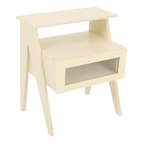 YOICUATGNA Nachttisch Schlafzimmer - Bambus Beistelltisch mit Schublade & 2 Ablageflächen, Ökologisches Design, Sofa Beistelltisch Nachttisch,Platzsparend für Bücher/Deko/Kosmetik (Beige)