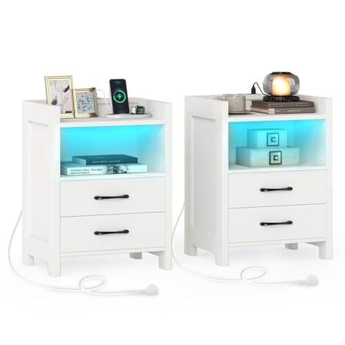 COSTWAY Nachttisch mit LED-Lichtern und Ladestation, 2er Set, Beistelltisch mit 2 Schubladen, offenen Fächern & Fernbedienung, Sofatisch, Nachtschrank für Boxspringbett, 45 x 35 x 60 cm (Weiß)