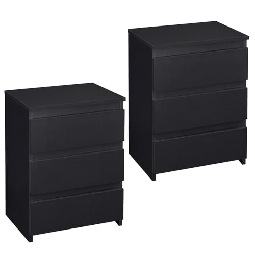 Yaheetech 2X Nachttschrank Nachttisch Nachtkommode mit 3 Schubladen Holz Nachtkonsole Beistelltisch Schubladenkommode für Boxspringbetten, Schwarz