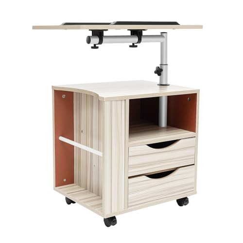 Taozhiyy Nachttisch 50x40x46cm Drehbare Tischplatte Höhenverstellbar Mobil mit 4 Rollen und Schubladen Multi Layer Storage Weiß Beistelltisch für Schlafzimmer Wohnzimmer