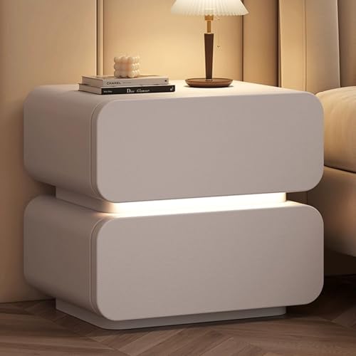 Smart Nightstand, schlichter Nachttisch mit runden Kanten, mit 2 Schubladen, mit Leder umwickelt, Holzdesign, Hellgrau, 45 cm, ideal für Schlafzimmer und Wohnzimmer
