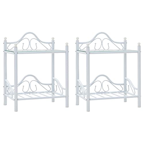 KATERYY Nachttische 2 STK. Stahl und gehärtetes Glas 45x30,5x60 cm Weiß,Elegante Betttischset aus Stahlrahmen und Hartglas mit Regalboden Weiß Schlafzimmer, Nachttische