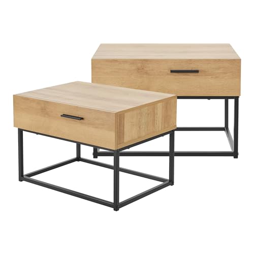 [en.casa] Set mit 2 Nachttischen mit Schublade, niedriger Couchtisch, 39 x 55 x 40 cm, Möbel mit Fuß aus Metall – Schwarz/Eicheneffekt