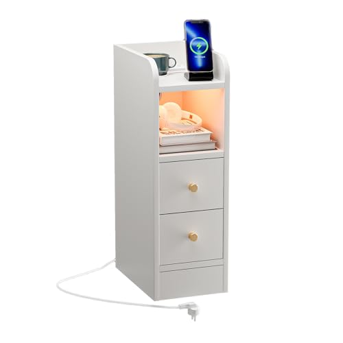 Schmaler Nachttisch mit Steckdose, RGB LED-Beleuchtung Nachtschrank mit 1 AC 2 USB Anschluss, 1 offenes Fach und 2 Schublade, Fernbedienung Nachttische für Schlafzimmer Wohnzimmer, Weiß 30x20x60cm