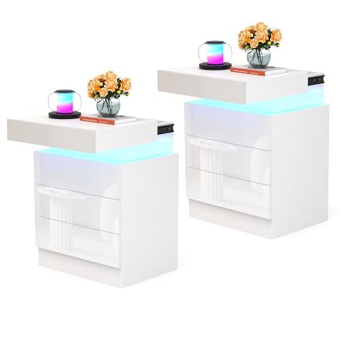 HaodaCulture Nachttisch 2er Set, Nachttisch Weiß Hochglanz mit LED, 3 Schubladen Hochglanz, Einstellbare 16 Farben, Schiebekommode Oben, Beistelltisch Nachtschrank für Schlafzimmer Wohnzimmer