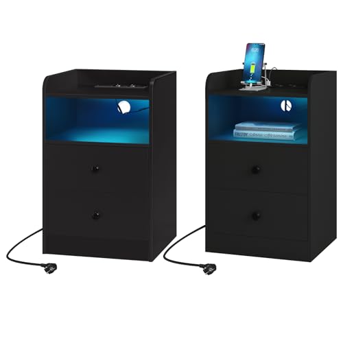 WOLTU Nachttisch 2er Set mit Ladefunktion und LED-Licht, schmaler Beistelltisch mit 2 Steckdosen 2 USB-Anschlüssen, Couchtisch mit Schubladen offenem Fach, für Schlafzimmer, Schwarz, NTS07sz-2