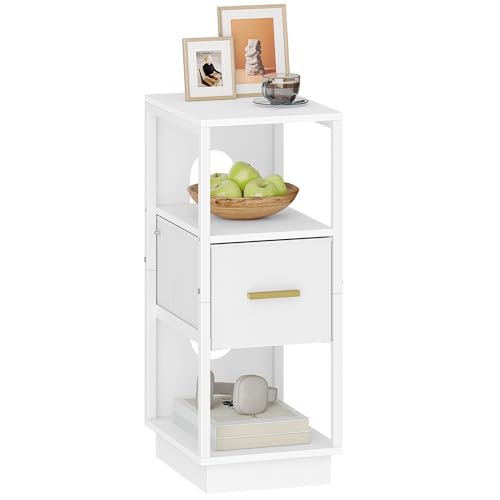 Hzuaneri Nachttisch, Beistelltisch mit Offenes Fach, Nachttisch Schmal mit 1 Stoffschublade, Modern, für Schlafzimmer, Wohnzimmer, 30 x 24 x 60 cm Weiß NS51303W