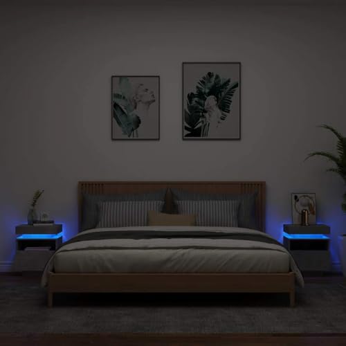 QUAHEAS Nachttische mit LED-Beleuchtung, 2er-Set, Betongrau, 40x39x48,5 cm, moderner Beistelltisch für Schlafzimmer, Stabiler Nachtschrank mit RGB-Licht