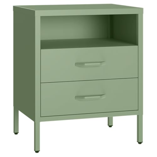skølm Nachttisch Mizar aus Metall, Nachtschrank mit 2 Schubladen, Beistellschrank für Schlafzimmer, Wohnzimmer, Nachtkonsole mintgrün 60x50x38 cm (HxBxT)