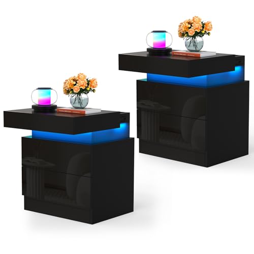 HaodaCulture Nachttisch 2er Set Schwarz, Nachttisch Led mit 2 Schubladen, Schiebekommode Oben, Beistelltisch Sofatisch Schubladenschrank für Schlafzimmer, Wohnzimmer 40x35x52cm