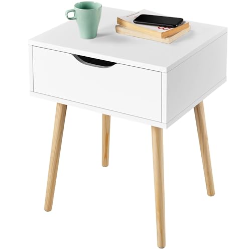 Yaheetech Nachttisch Beistelltisch mit Schublade Nachtkommode Nachtschrank Holzbeine Sofatisch MDF Couchtisch 41 x 48,5 x 57,5 cm, Weiß