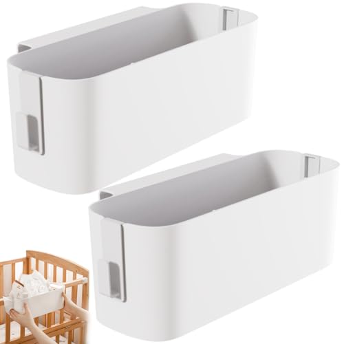 2 Stücke Bett Organizer Zum Einhängen mit Abnehmbaren Haken, Hängebett Aufbewahrungskorb aus Hochwertigem PP-Kunststoff, Multifunktionaler Nachttisch Organizer für Handy, Babybett, Büro, Weiße