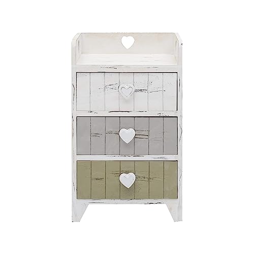 Rebecca Mobili Nachtkästchen 3 Schubladen, Nachttisch Weiß Grau Beige, Paulownienholz, Shabby, Schlafzimmer Badezimmer – Maße: 58 x 35 x 27 cm (HxLxB) - Art. RE4378