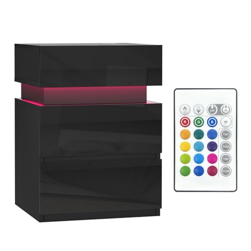 Lvhecforhm Nachttisch mit LED, Einstellbare Farben, Modern Schwarz Nachttisch Beistelltisch mit 3 Schubladen, Nachtschrank Hochglanz Front, Smart Nachtkommode für Boxspringbett Wohnzimmer 40x35x55cm