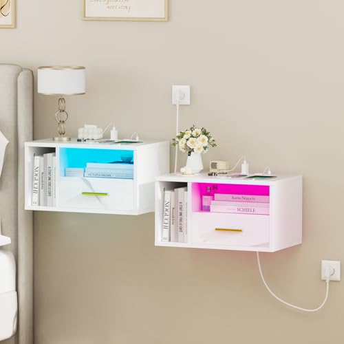 HaodaCulture Nachttisch 2er Set Hängend, Nachttisch Wandmontage, Offenes Fach Und Einer Schublade, Leuchte mit 16 Farben, 2 USB Anschlüsse, 2 Steckdosen, Wohnzimmer Schlafzimmer 46.5x30x25.5cm
