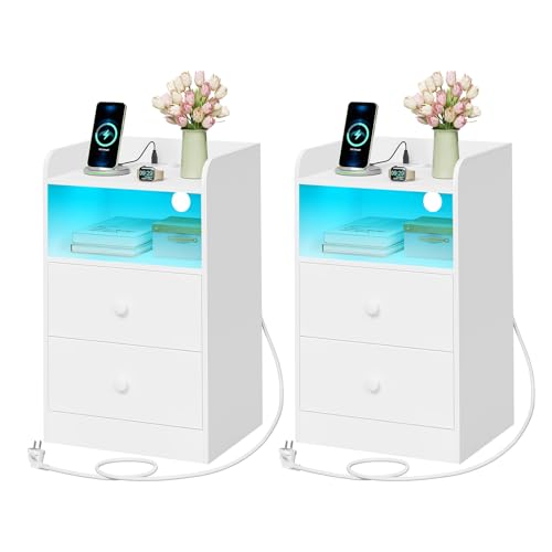 WOLTU Nachttisch 2er Set, mit Steckdose, Nachtschrank mit LED-Beleuchtung, weiß, 2 Schubladen und 1 offenem Fach, 40 x 35 x 64 cm, geeignet für Schlafzimmer, Wohnzimmer, moderner Stil, NTS07ws-2