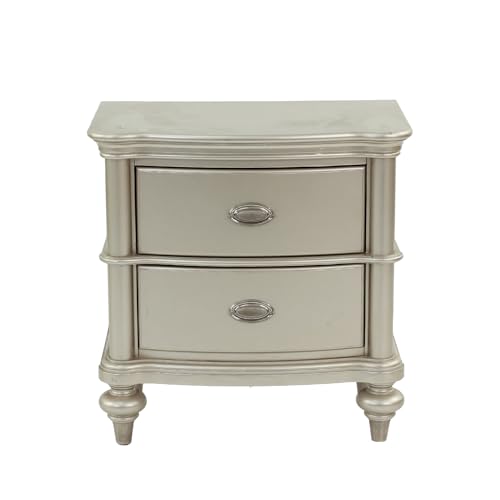 Stilvoller Nachttisch aus Holz mit 2 Schubladen in Antik-Silber-Finish für Aufbewahrung und Organisation im Schlafzimmer
