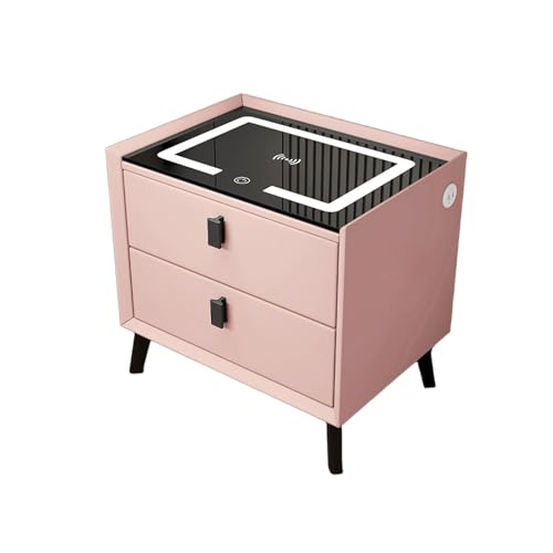 Vepnby Nachttisch mit 3-Farbigem LED Licht, Nachtschrank mit 2 Schubladen, Kabelloses Schnellladen, USB-Anschluss, Beistelltisch für Schlafzimmer Wohnzimmer(Pink,50x40x46c m)
