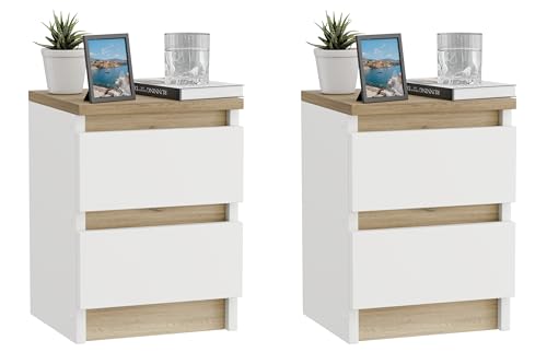 ComfortCove Nachttisch 2er Set, Nachtschrank 2er Set, Weiße Nachttische mit 2 Schubladen, Nachtkästchen, Nachttisch Weiß/Eiche
