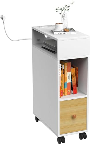 Beistelltisch mit 2 USB-Anschlüssen und Steckdosen, Nachttisch auf Rollen, 2 Schubladen und 1 Ablage, Nachttisch aus Holz, kompakt, 70 x 25 x 50 cm, modernes Design