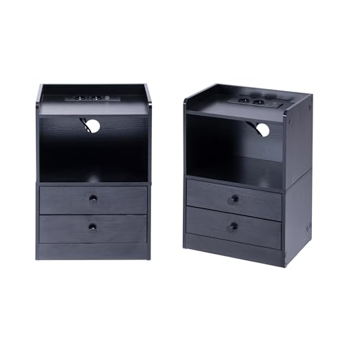 FurnitureR 2 Stück Nachttisch mit LED-Beleuchtung, Bunte Umgebungsbeleuchtung, Aufbewahrung mit 2 Schubladen, Nachttisch mit USB-Ladestation/Steckdose , Beistelltisch aus MDF, Schwarz, 38 x 26 x 56